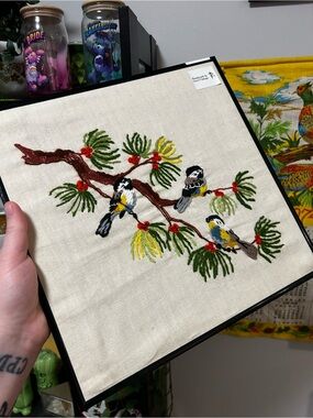 1974 Hand Embroidered Chickadees Bird Branch Crewel Wall Art